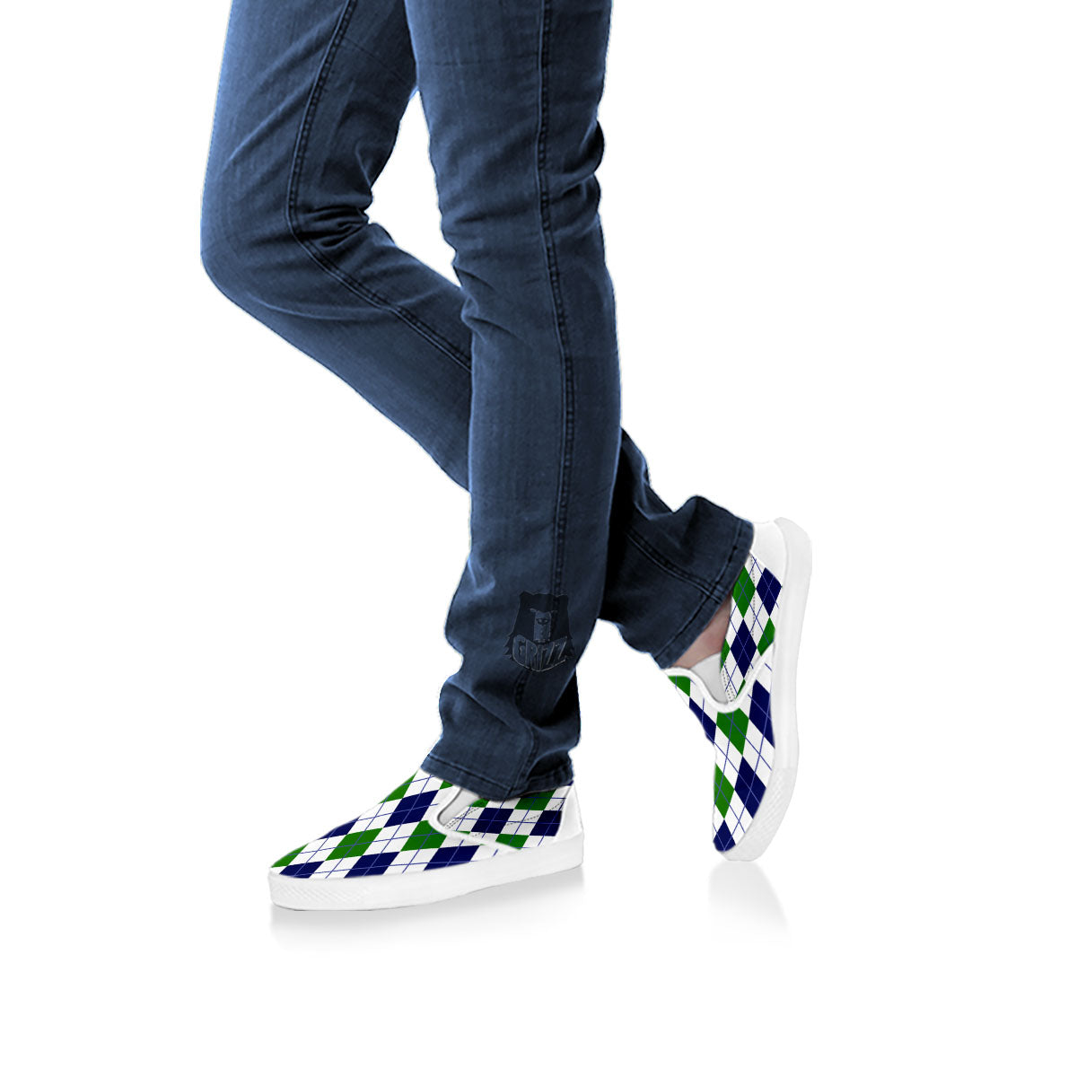 White Green And Navy Argyle Print White Slip On Shoes-grizzshop