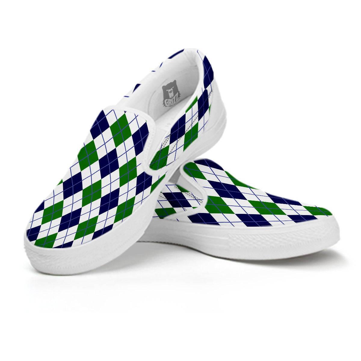 White Green And Navy Argyle Print White Slip On Shoes-grizzshop