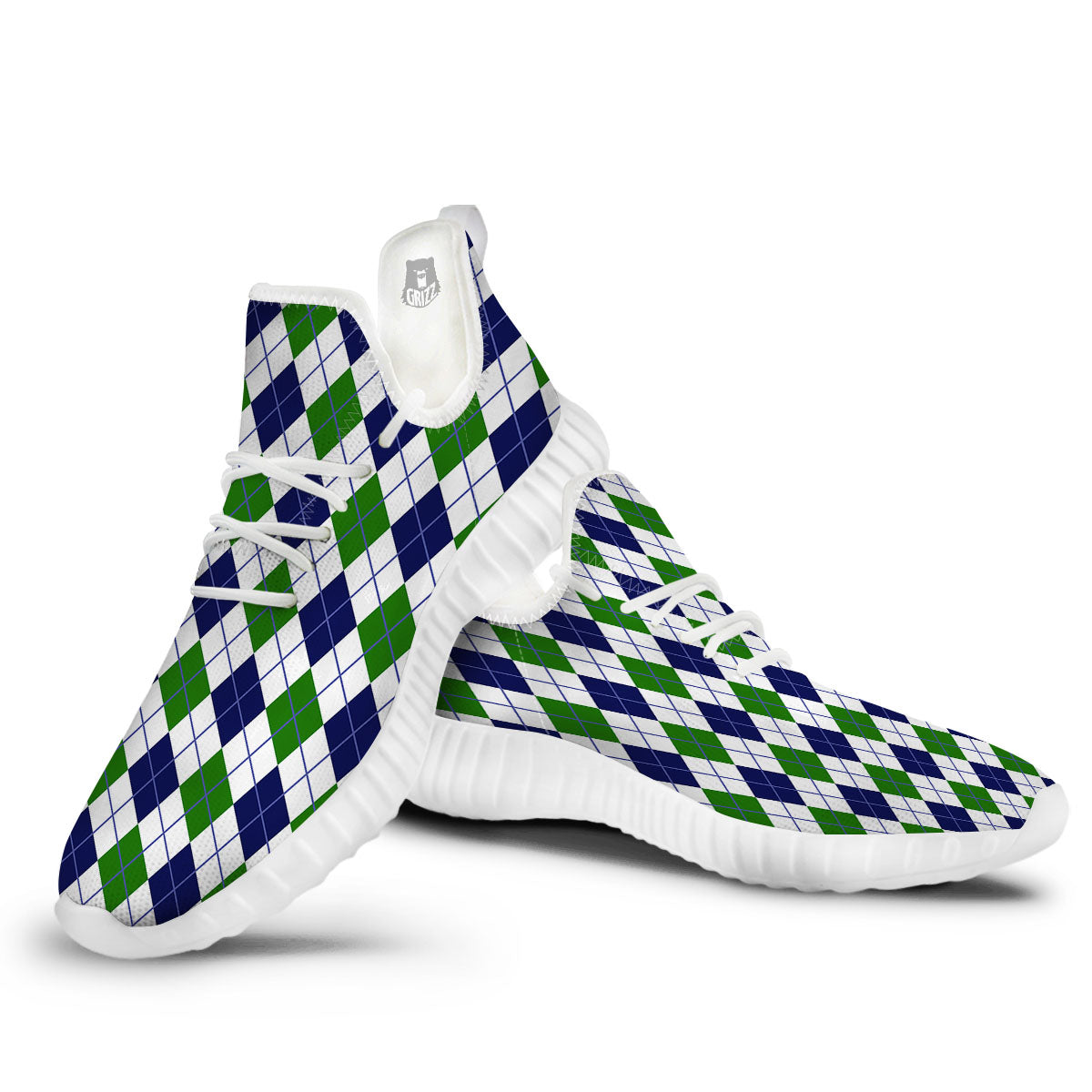 White Green And Navy Argyle Print White Walking Shoes-grizzshop