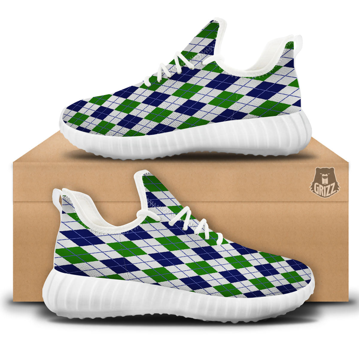 White Green And Navy Argyle Print White Walking Shoes-grizzshop