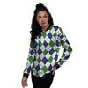 White Green And Navy Argyle Print Women's Bomber Jacket-grizzshop