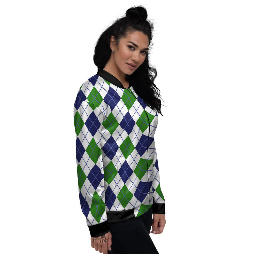 White Green And Navy Argyle Print Women's Bomber Jacket-grizzshop