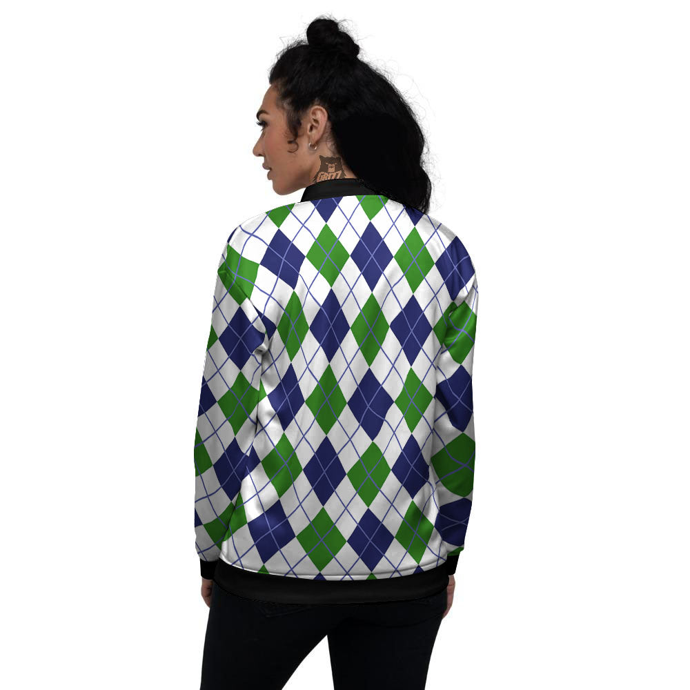 White Green And Navy Argyle Print Women's Bomber Jacket-grizzshop