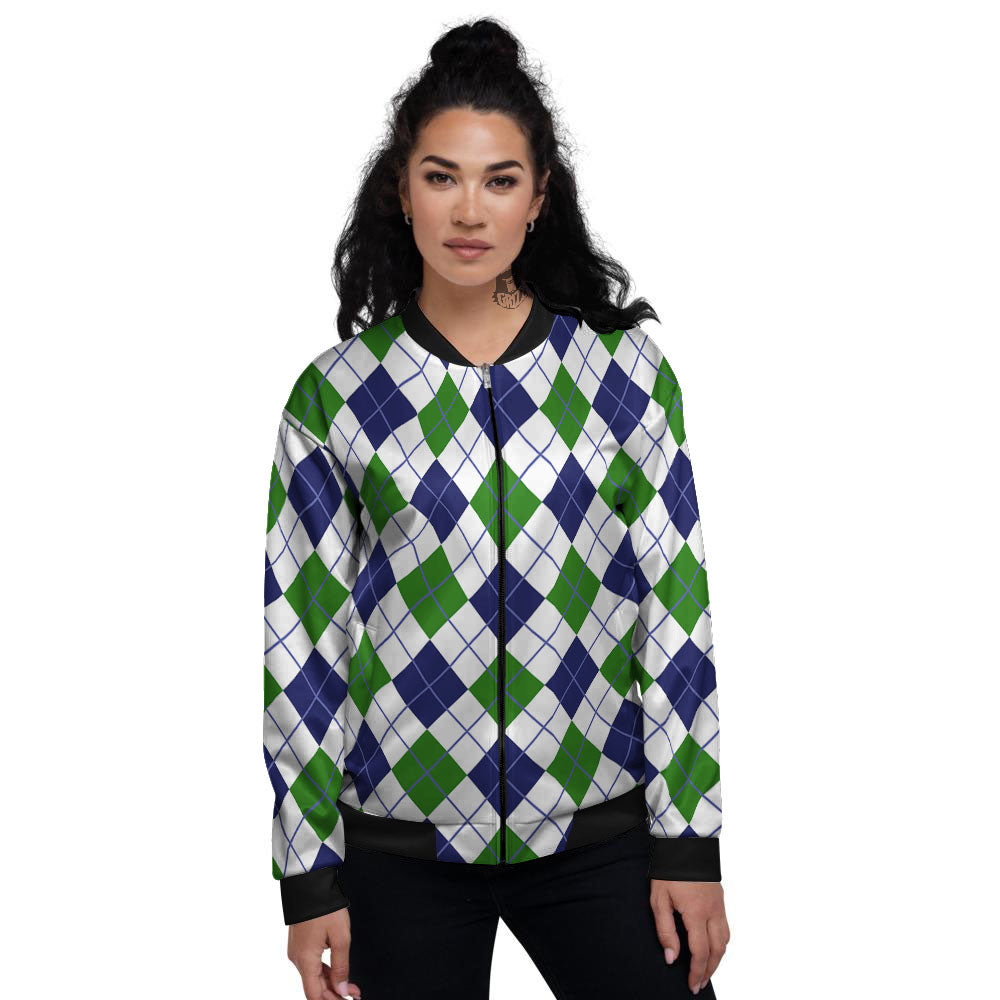 White Green And Navy Argyle Print Women's Bomber Jacket-grizzshop