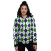 White Green And Navy Argyle Print Women's Bomber Jacket-grizzshop