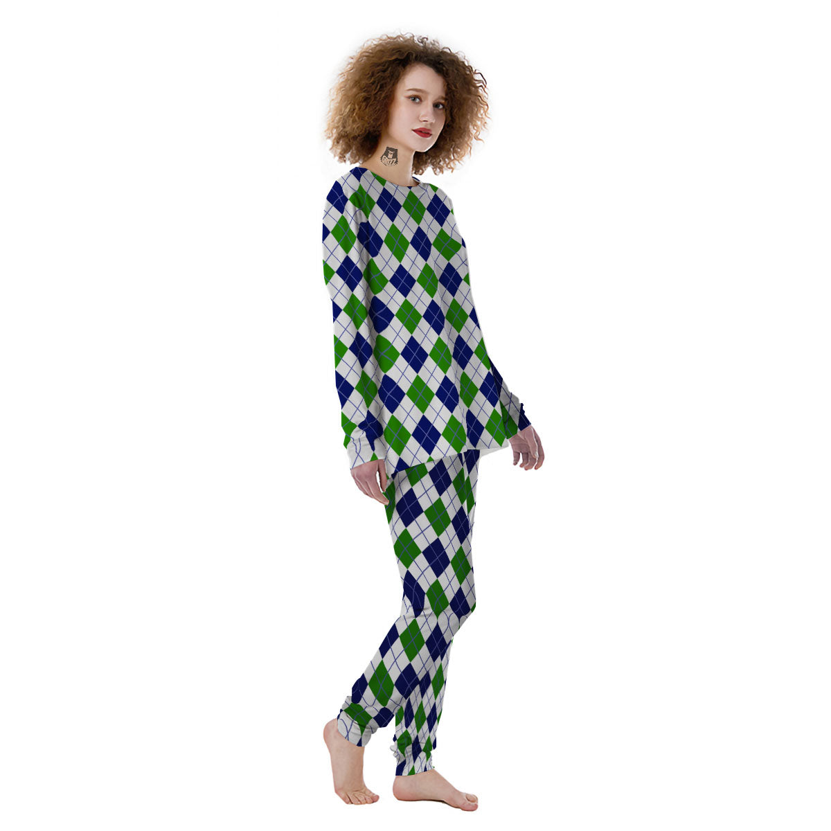 White Green And Navy Argyle Print Women's Pajamas-grizzshop