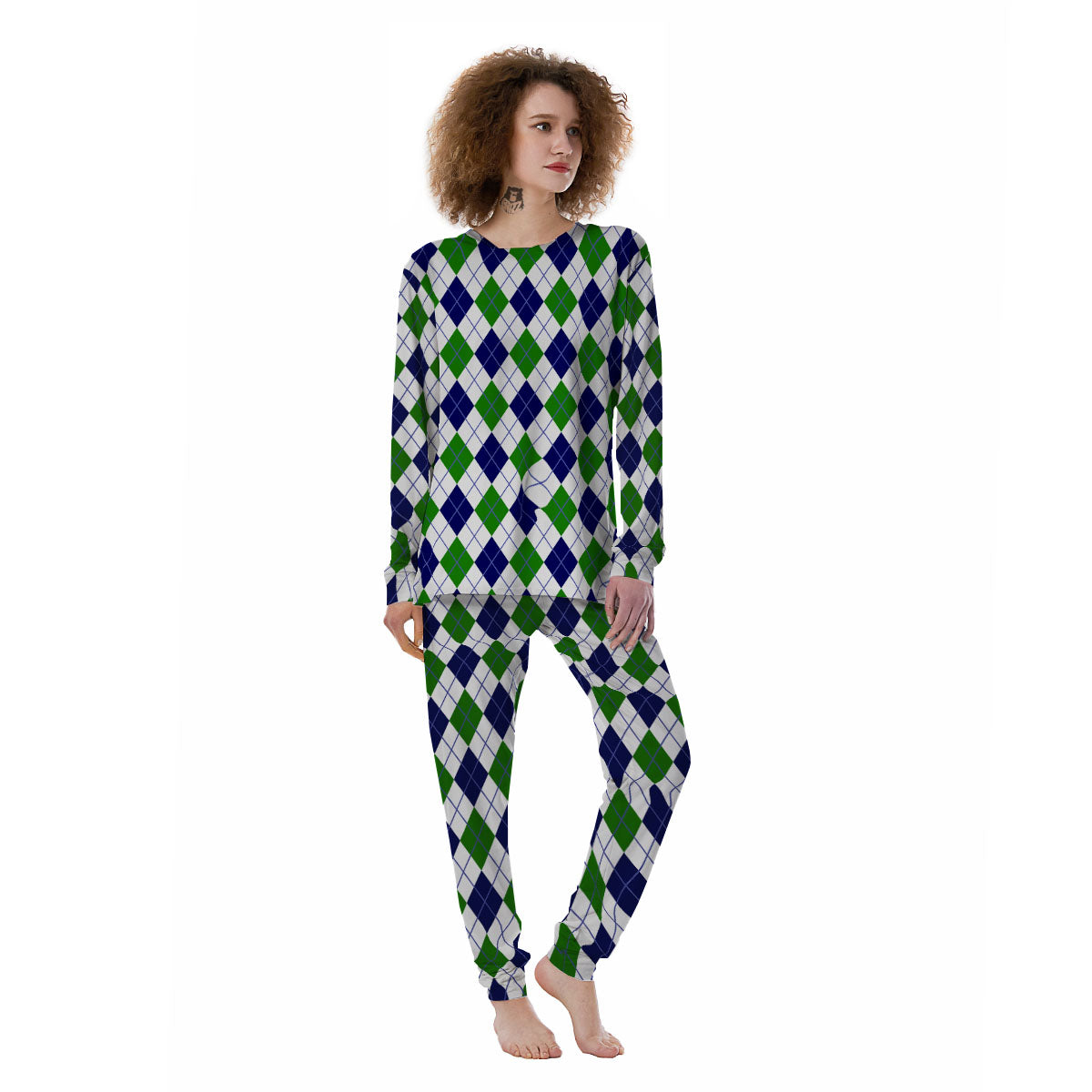White Green And Navy Argyle Print Women's Pajamas-grizzshop