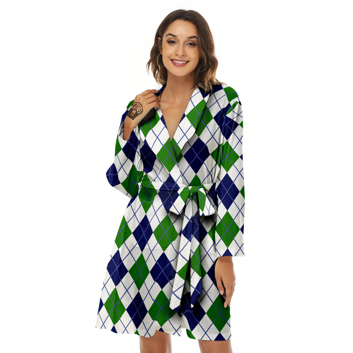 White Green And Navy Argyle Print Women's Robe-grizzshop