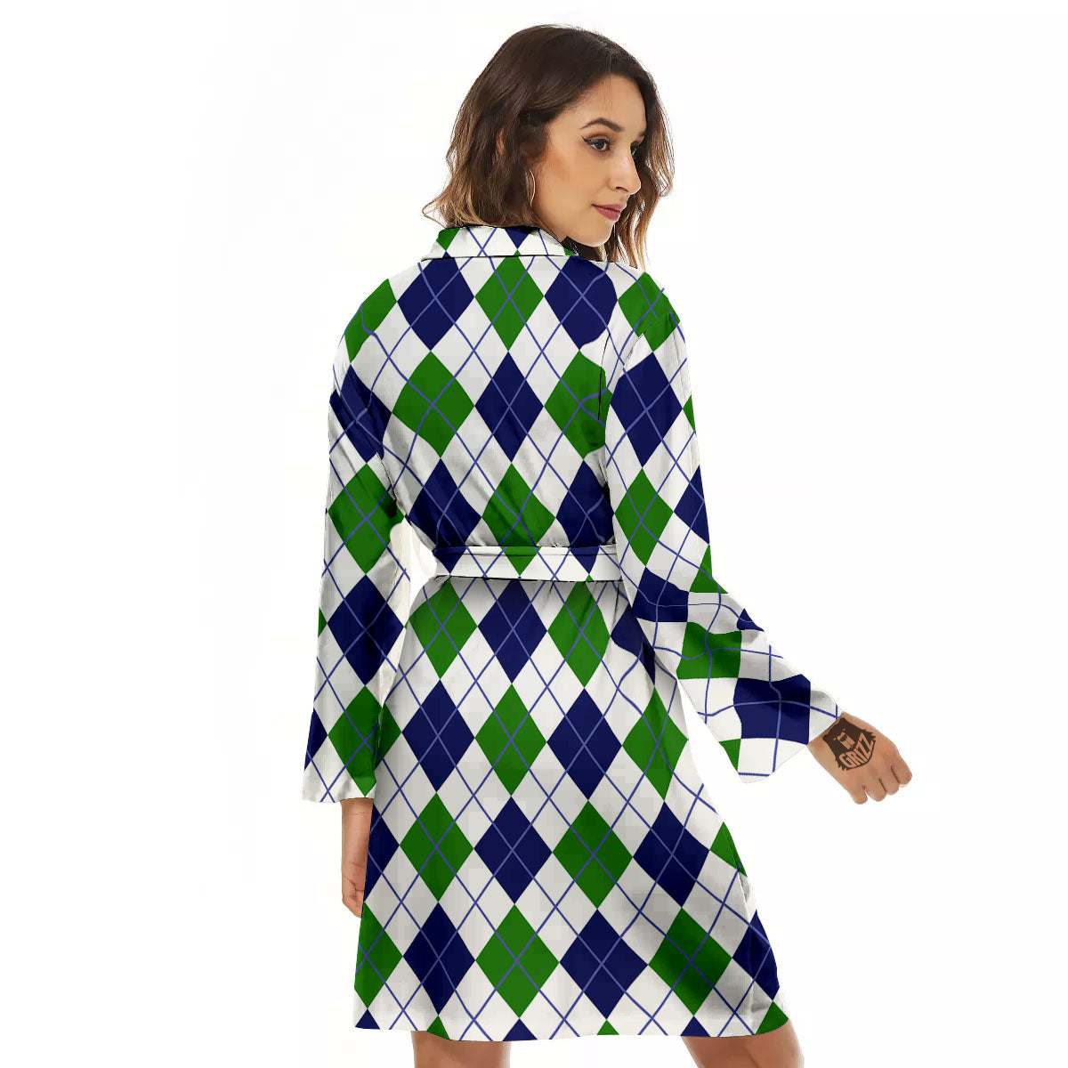 White Green And Navy Argyle Print Women's Robe-grizzshop