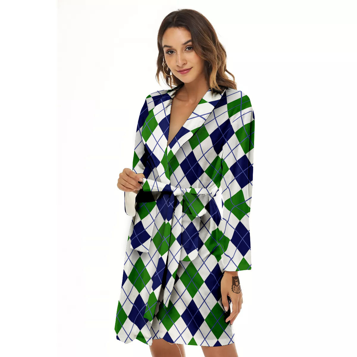 White Green And Navy Argyle Print Women's Robe-grizzshop