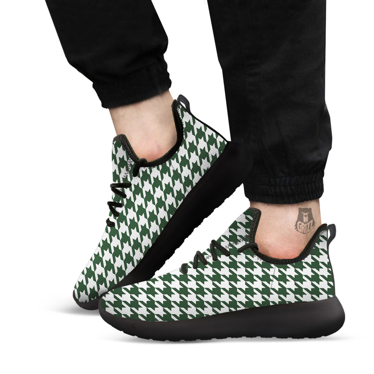 White Green Jungle Houndstooth Print Black Athletic Shoes-grizzshop