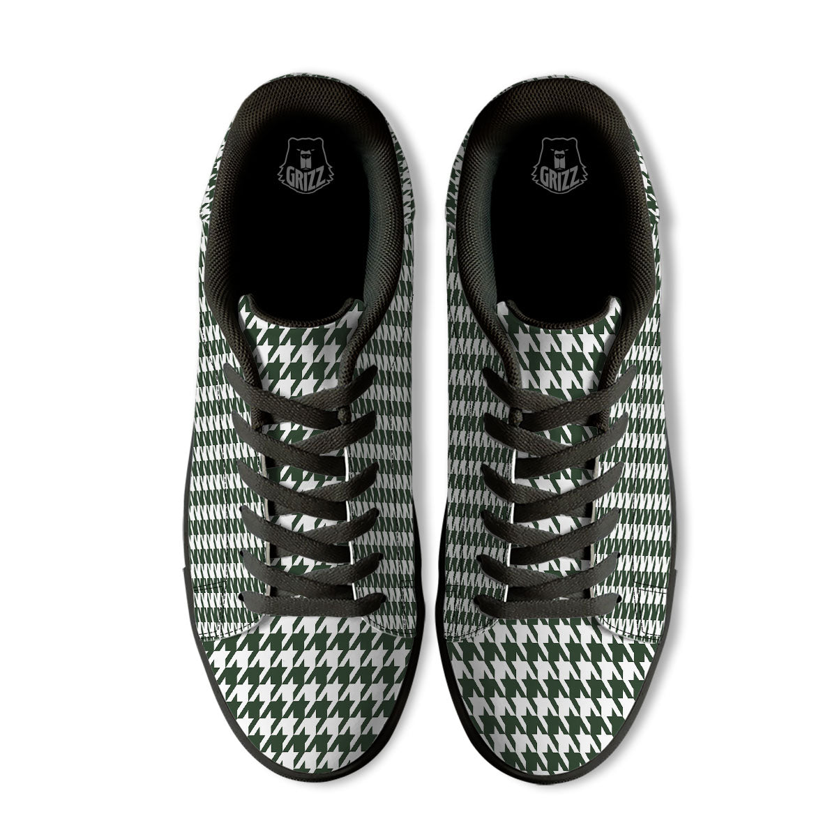 White Green Jungle Houndstooth Print Black Low Top Sneakers-grizzshop