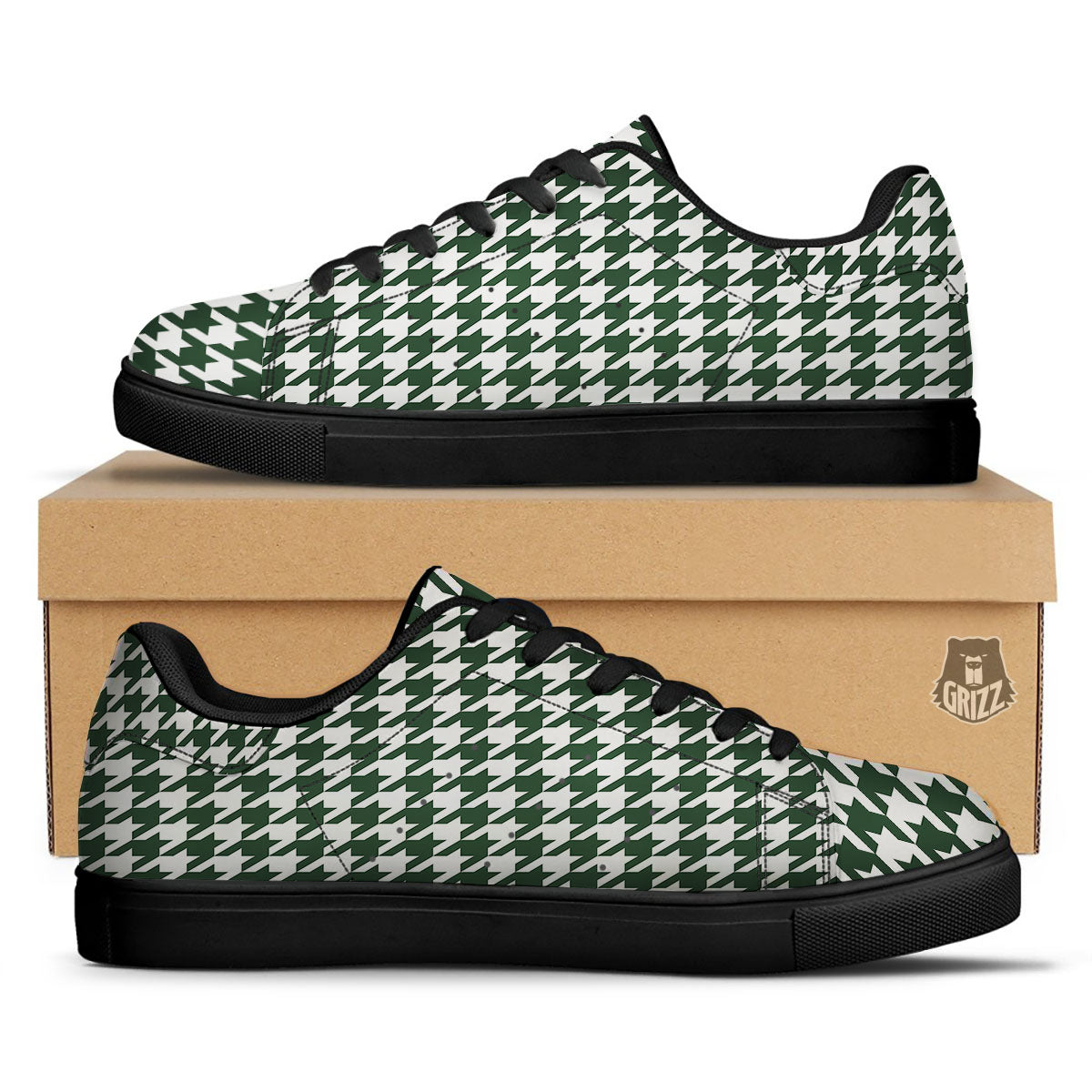 White Green Jungle Houndstooth Print Black Low Top Sneakers-grizzshop