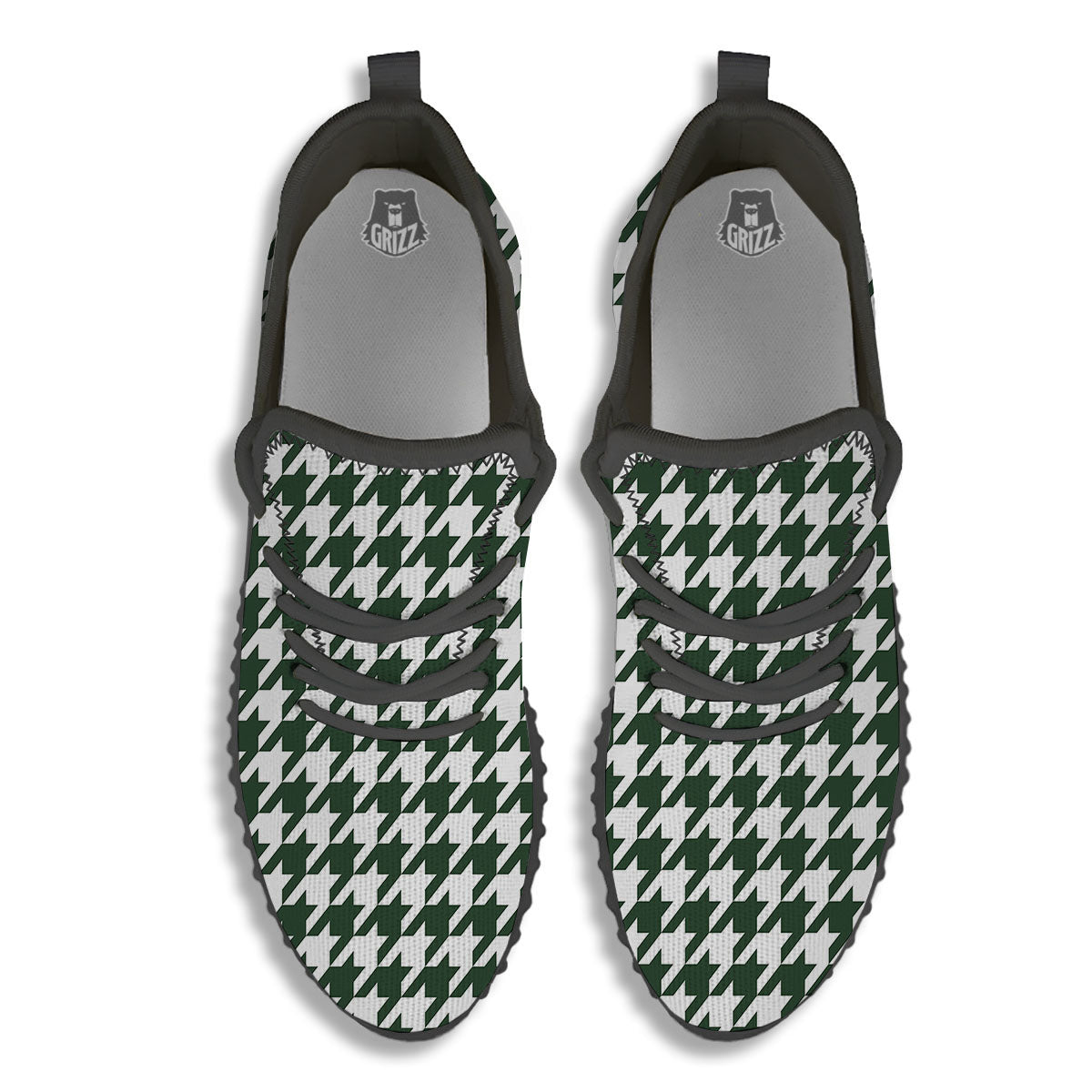 White Green Jungle Houndstooth Print Black Walking Shoes-grizzshop