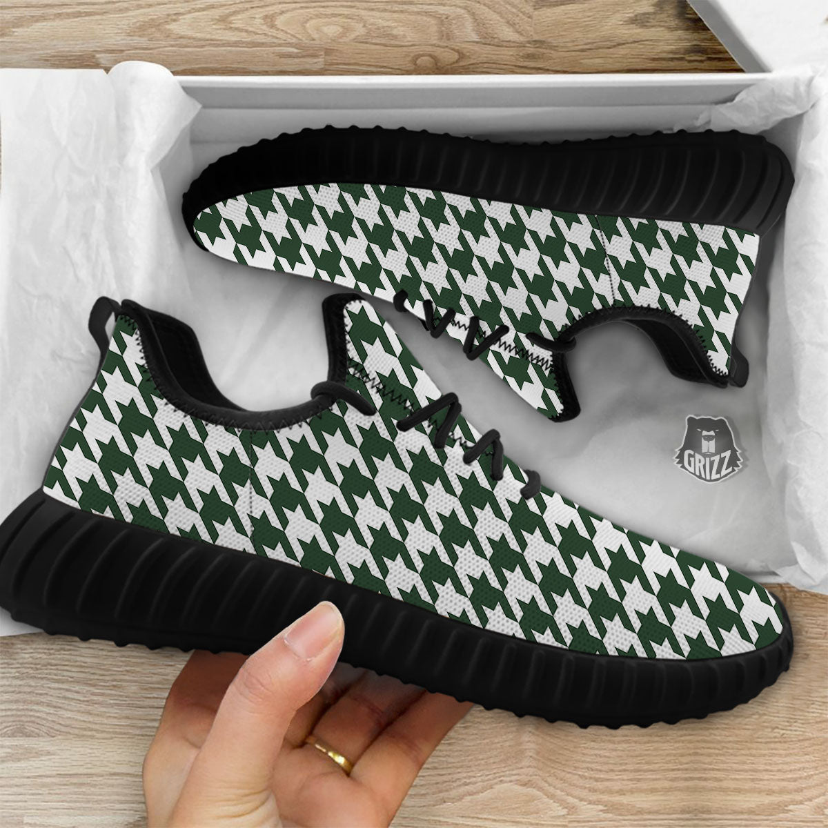 White Green Jungle Houndstooth Print Black Walking Shoes-grizzshop