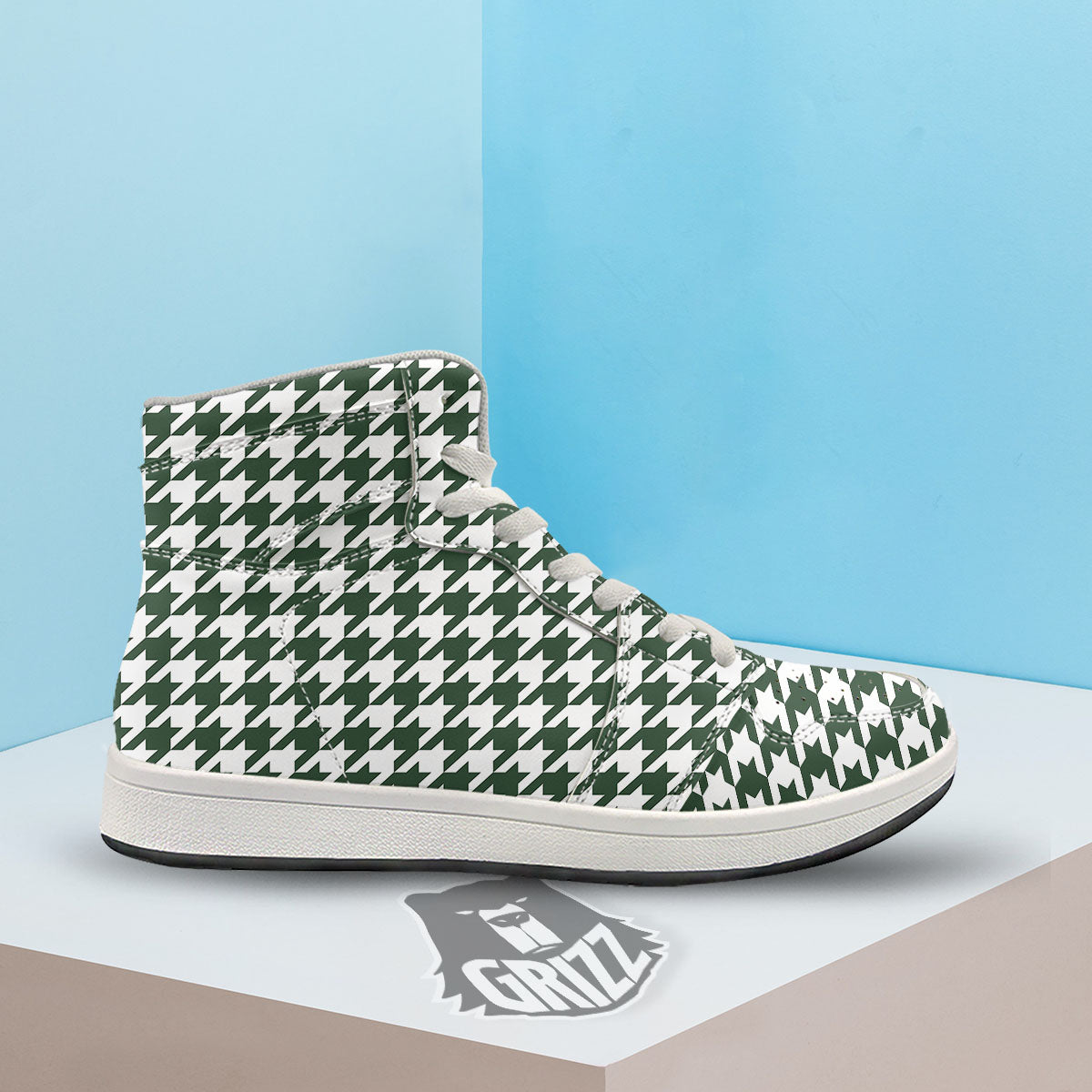 White Green Jungle Houndstooth Print High Top Sneakers-grizzshop