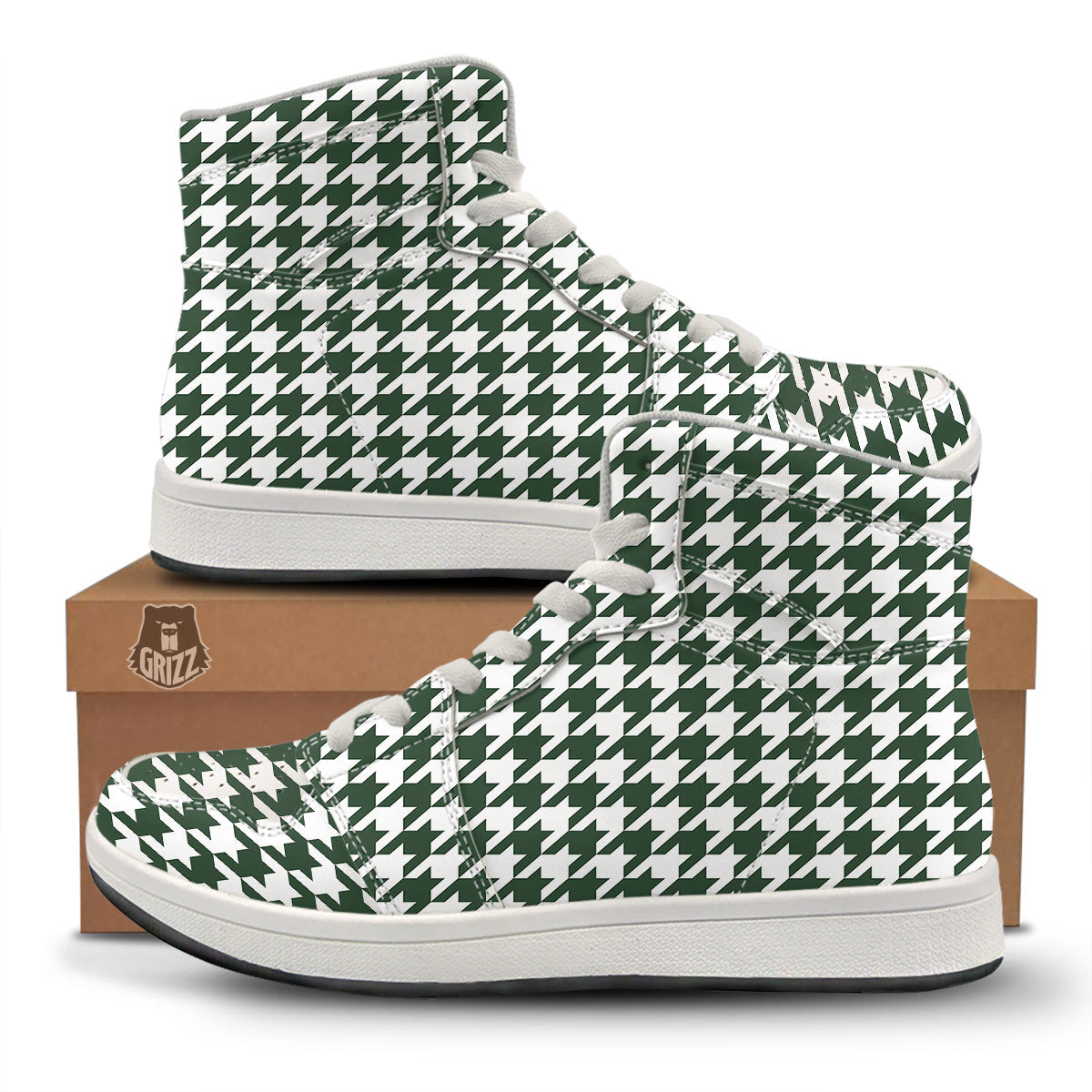White Green Jungle Houndstooth Print High Top Sneakers-grizzshop