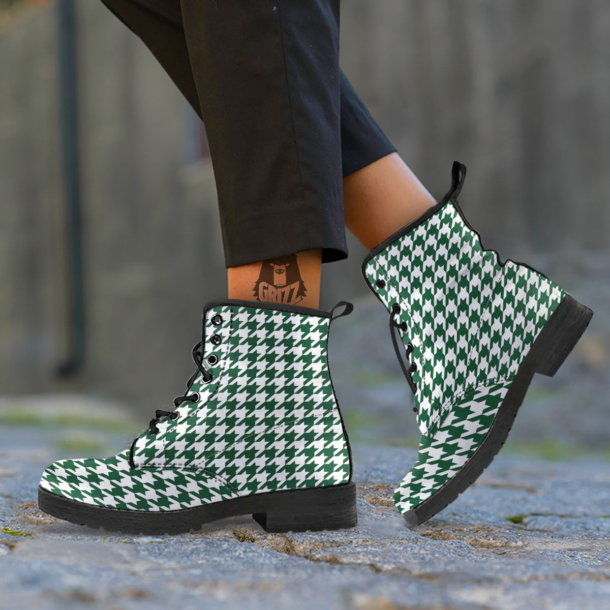 White Green Jungle Houndstooth Print Leather Boots-grizzshop