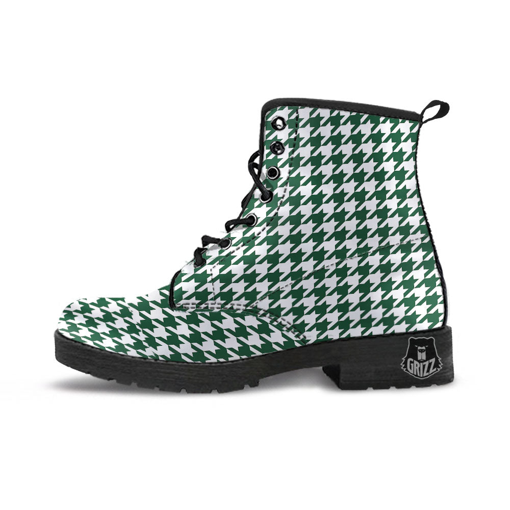 White Green Jungle Houndstooth Print Leather Boots-grizzshop