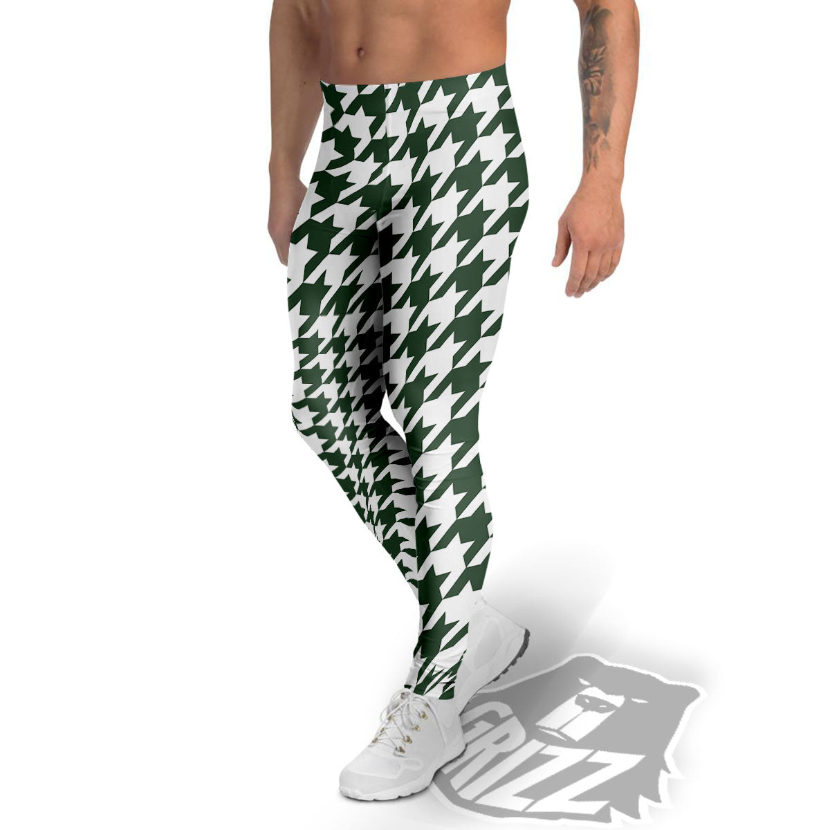 White Green Jungle Houndstooth Print Men's Leggings-grizzshop