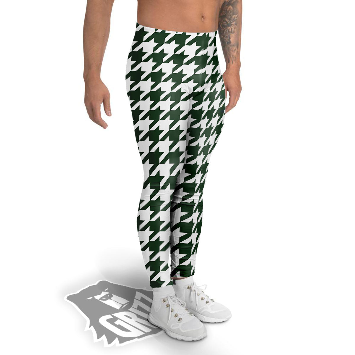 White Green Jungle Houndstooth Print Men's Leggings-grizzshop