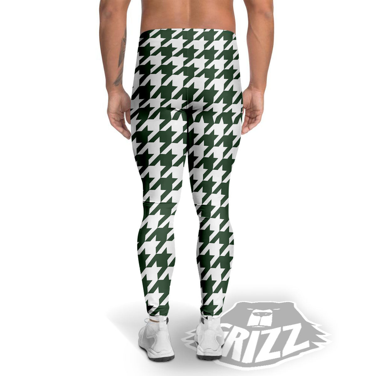 White Green Jungle Houndstooth Print Men's Leggings-grizzshop