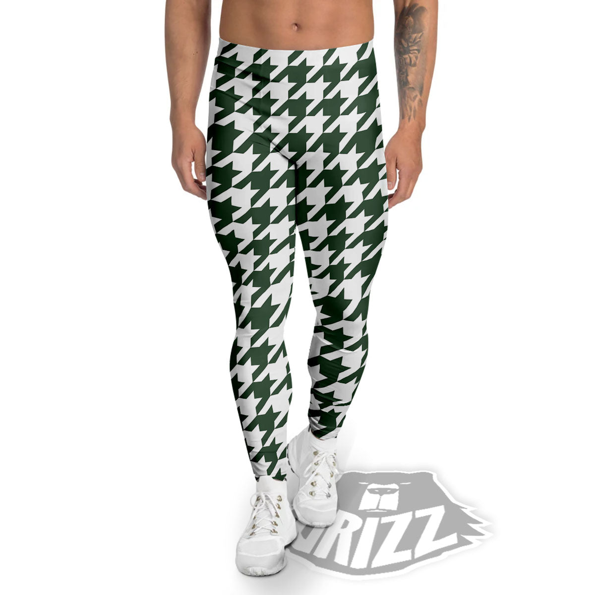 White Green Jungle Houndstooth Print Men's Leggings-grizzshop