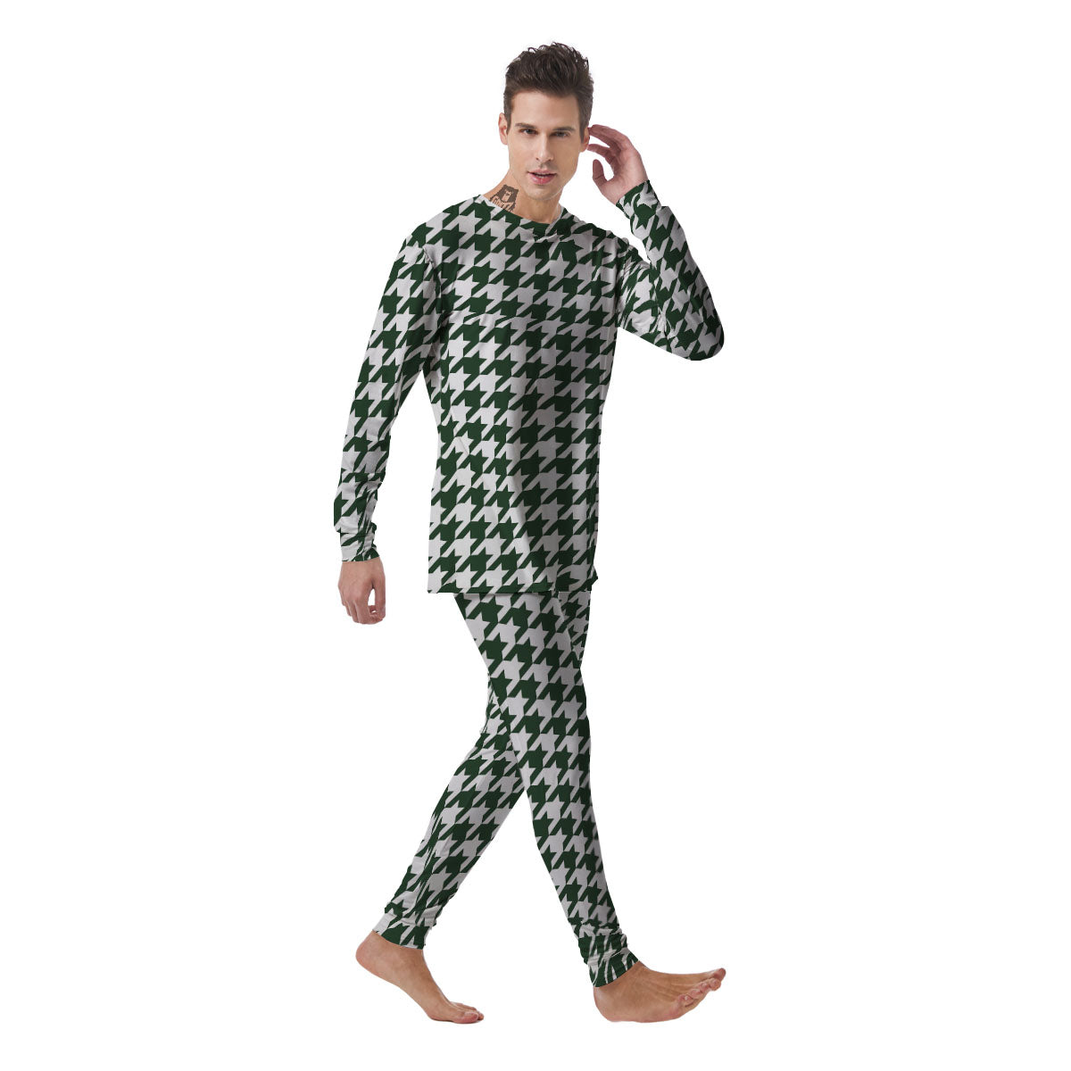 White Green Jungle Houndstooth Print Men's Pajamas-grizzshop