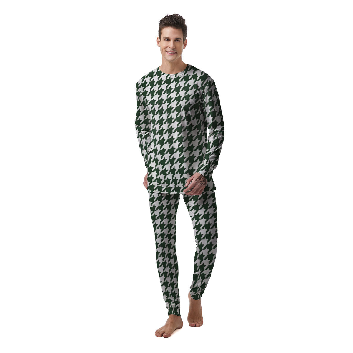 White Green Jungle Houndstooth Print Men's Pajamas-grizzshop