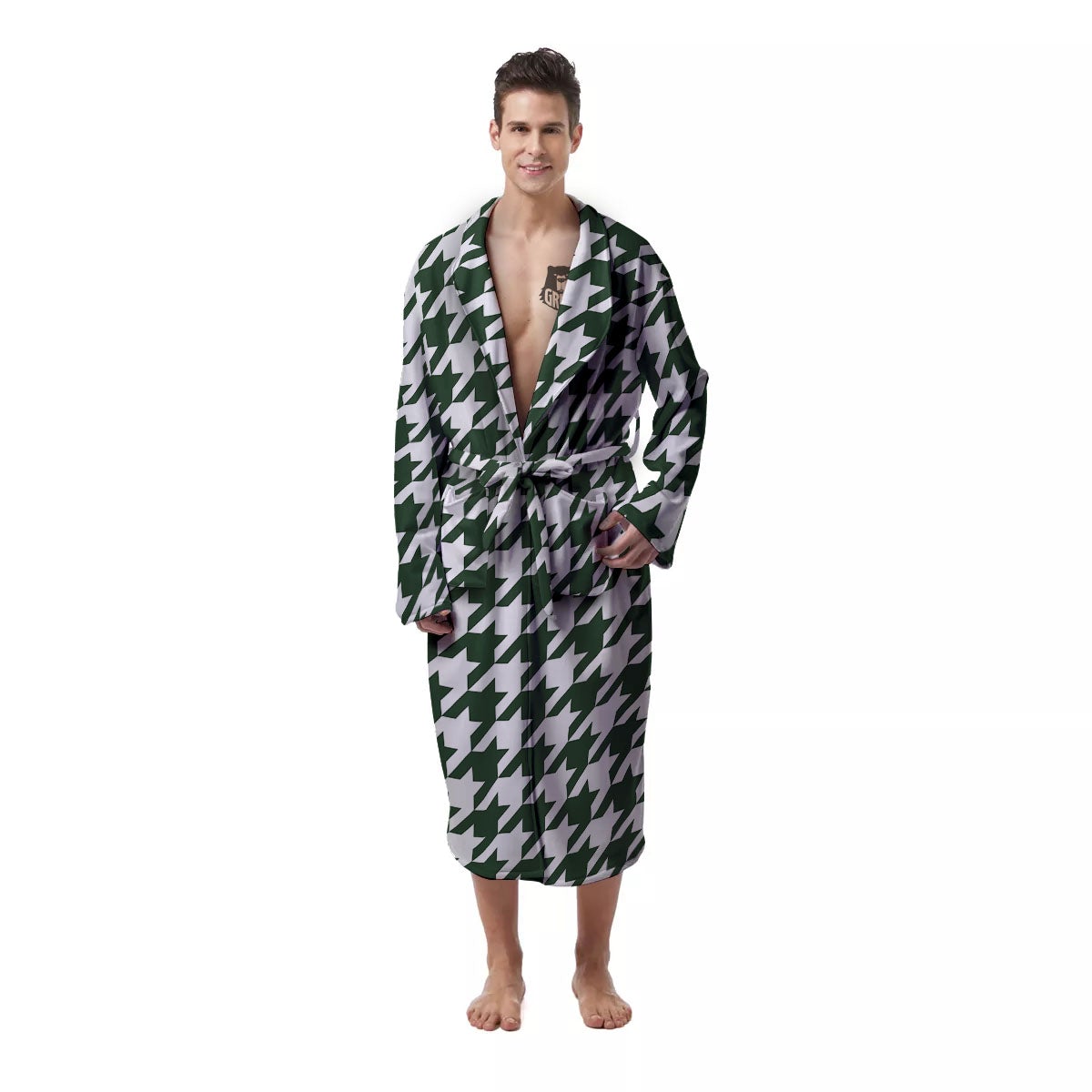 White Green Jungle Houndstooth Print Men's Robe-grizzshop