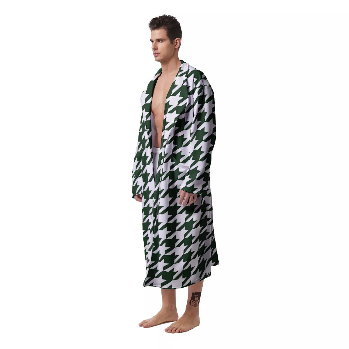 White Green Jungle Houndstooth Print Men's Robe-grizzshop