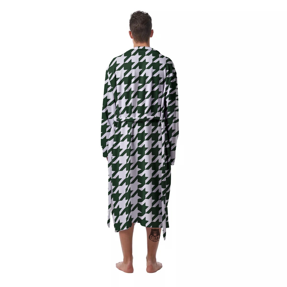 White Green Jungle Houndstooth Print Men's Robe-grizzshop