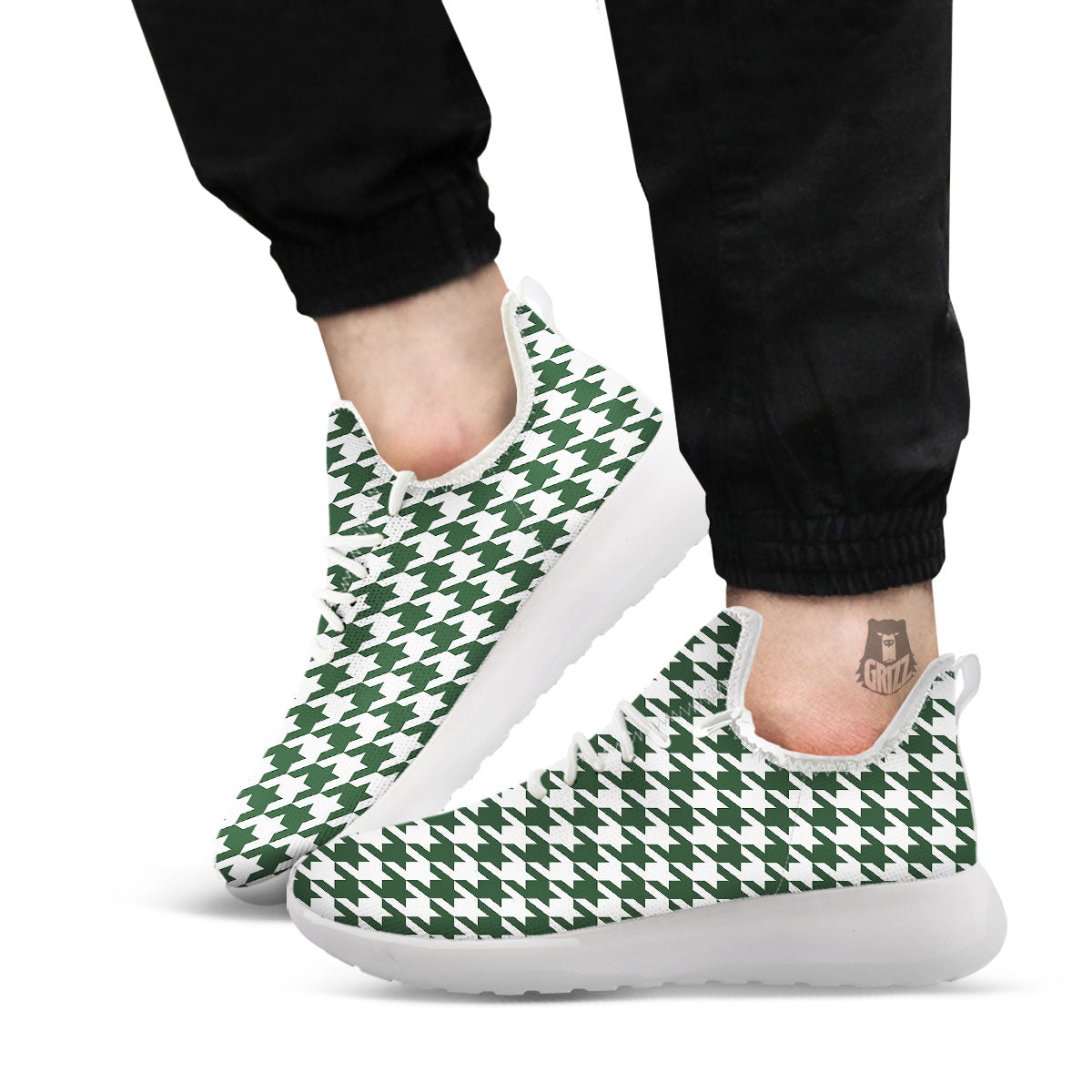 White Green Jungle Houndstooth Print White Athletic Shoes-grizzshop