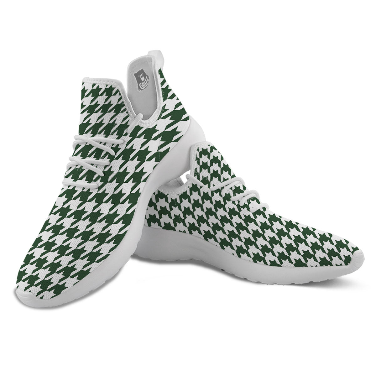 White Green Jungle Houndstooth Print White Athletic Shoes-grizzshop