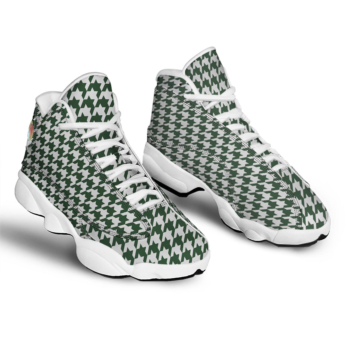 White Green Jungle Houndstooth Print White Basketball Shoes-grizzshop