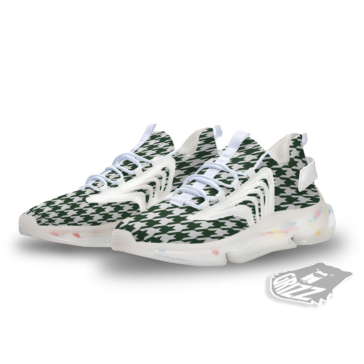 White Green Jungle Houndstooth Print White Gym Shoes-grizzshop