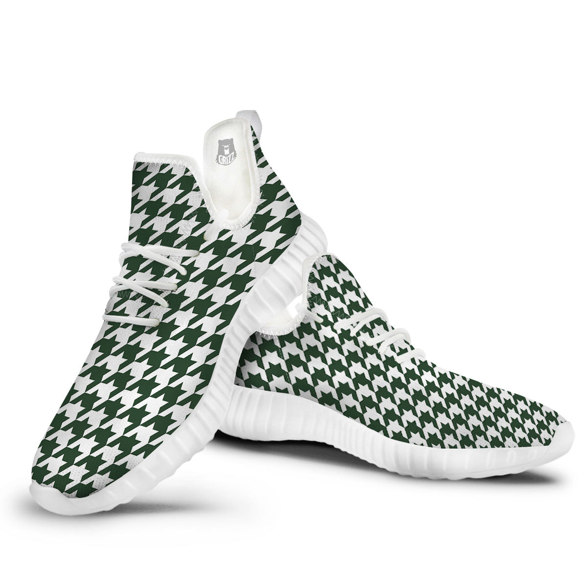 White Green Jungle Houndstooth Print White Walking Shoes-grizzshop