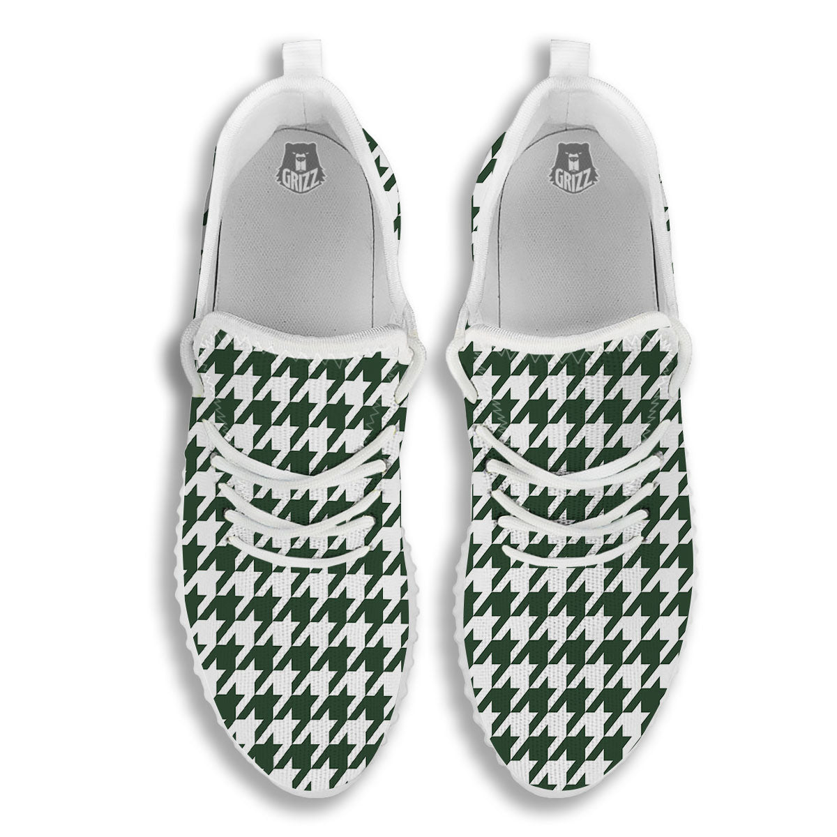 White Green Jungle Houndstooth Print White Walking Shoes-grizzshop