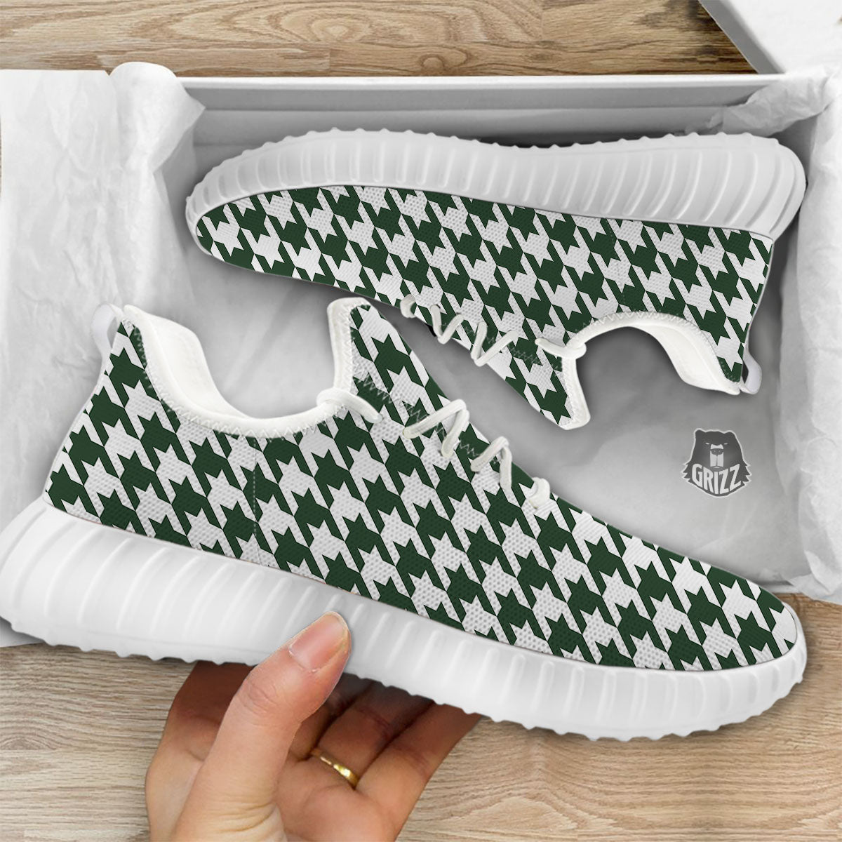 White Green Jungle Houndstooth Print White Walking Shoes-grizzshop