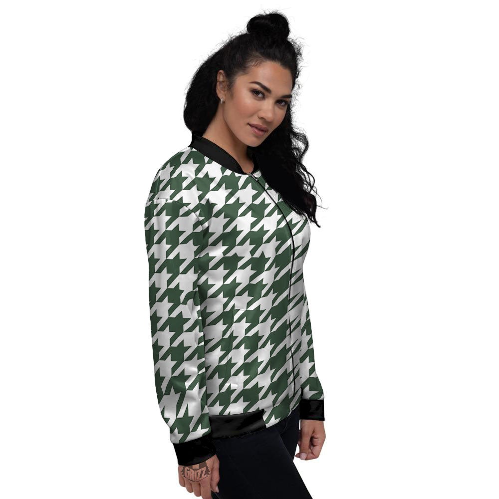 White Green Jungle Houndstooth Print Women's Bomber Jacket-grizzshop