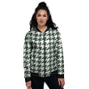 White Green Jungle Houndstooth Print Women's Bomber Jacket-grizzshop