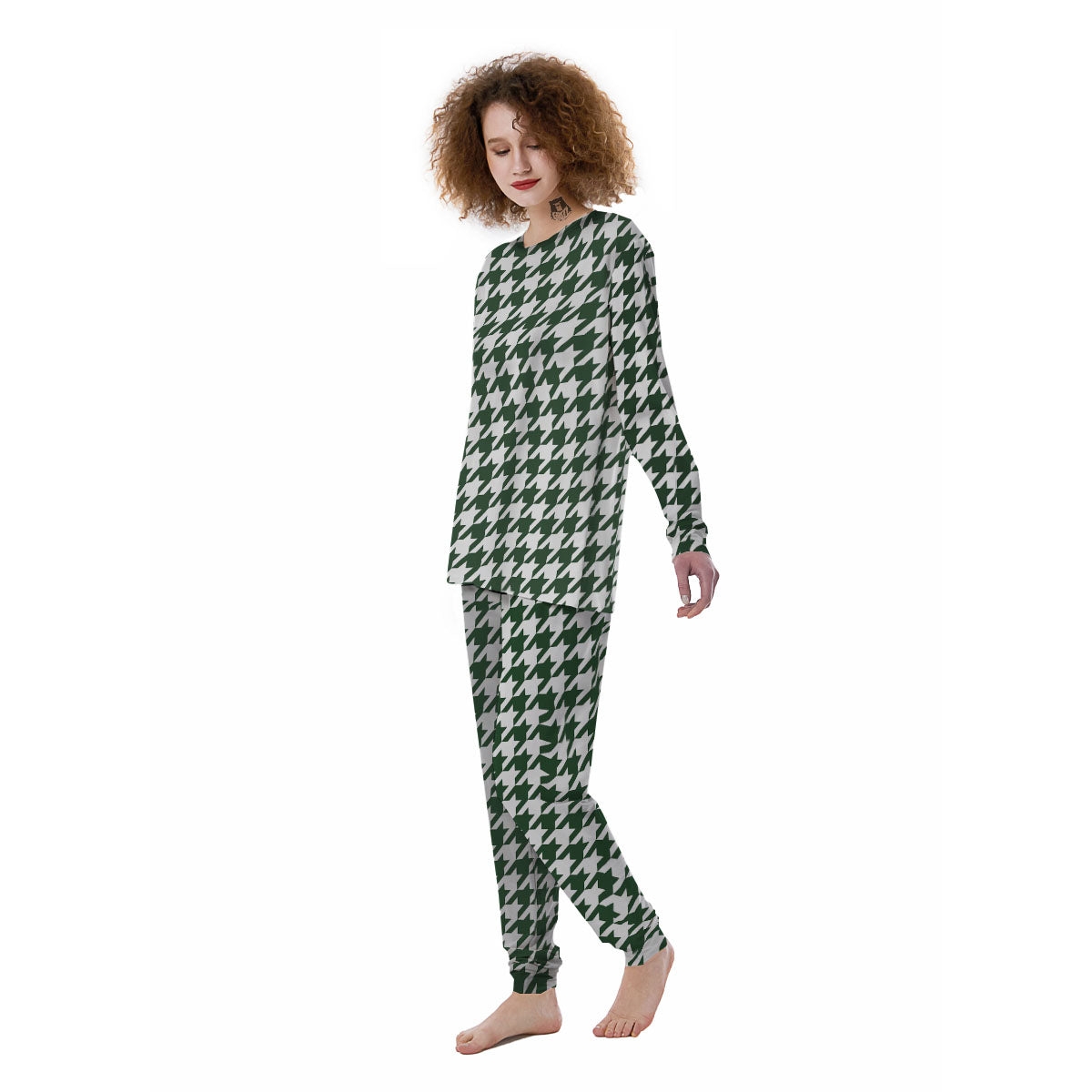 White Green Jungle Houndstooth Print Women's Pajamas-grizzshop