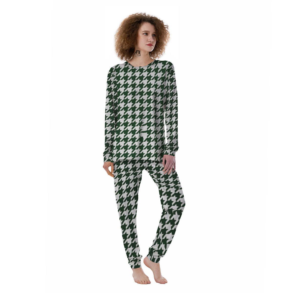White Green Jungle Houndstooth Print Women's Pajamas-grizzshop