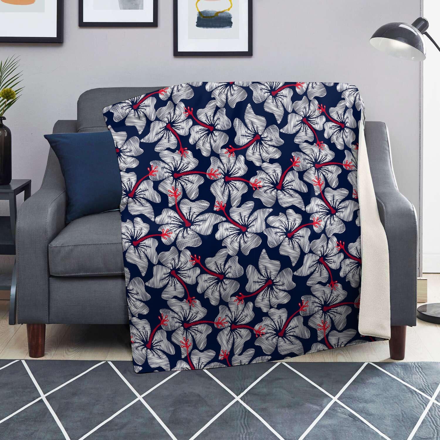 White Hibiscus Tropical Floral Hawaiian Print Blanket-grizzshop