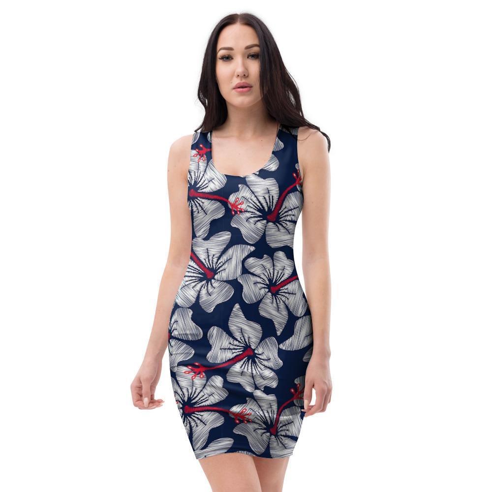 White Hibiscus Tropical Floral Hawaiian Print Bodycon Dress-grizzshop