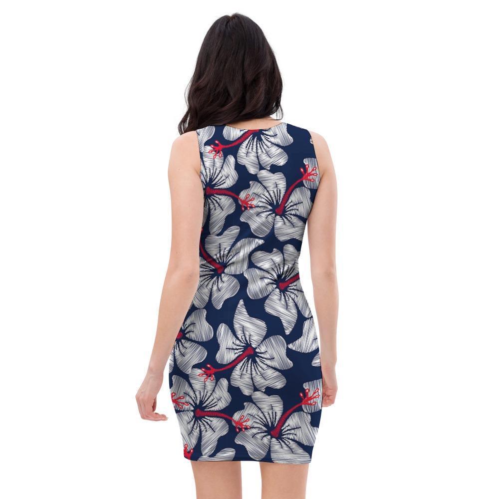 White Hibiscus Tropical Floral Hawaiian Print Bodycon Dress-grizzshop