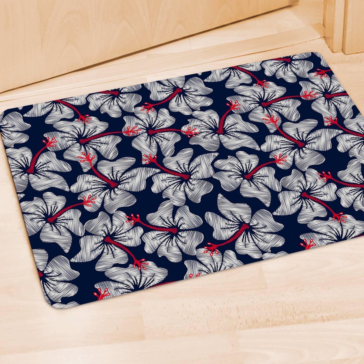 White Hibiscus Tropical Floral Hawaiian Print Door Mat-grizzshop