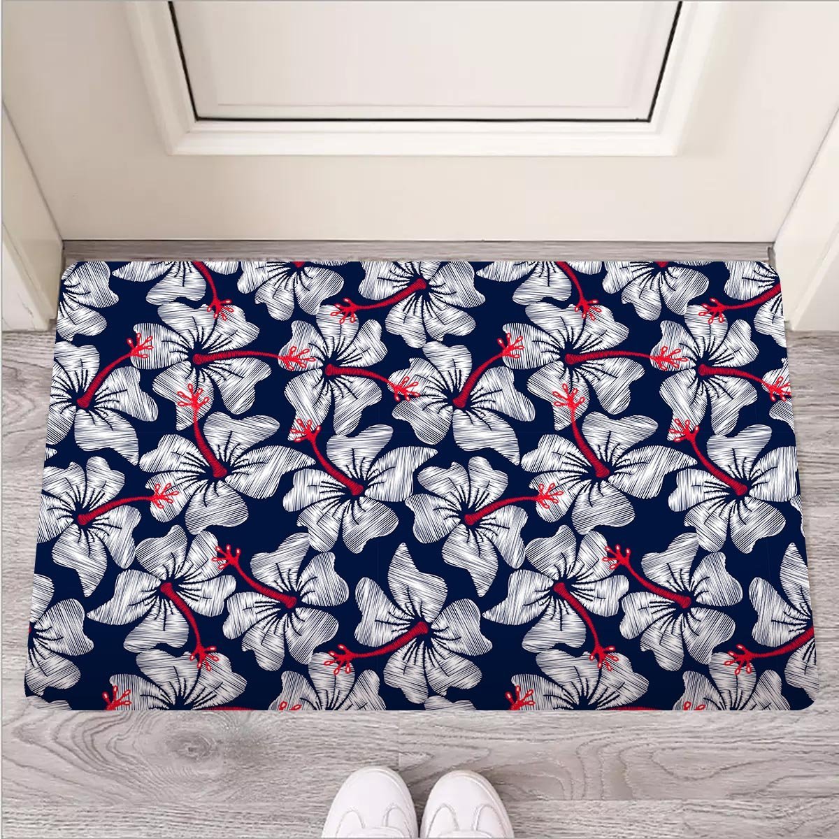 White Hibiscus Tropical Floral Hawaiian Print Door Mat-grizzshop