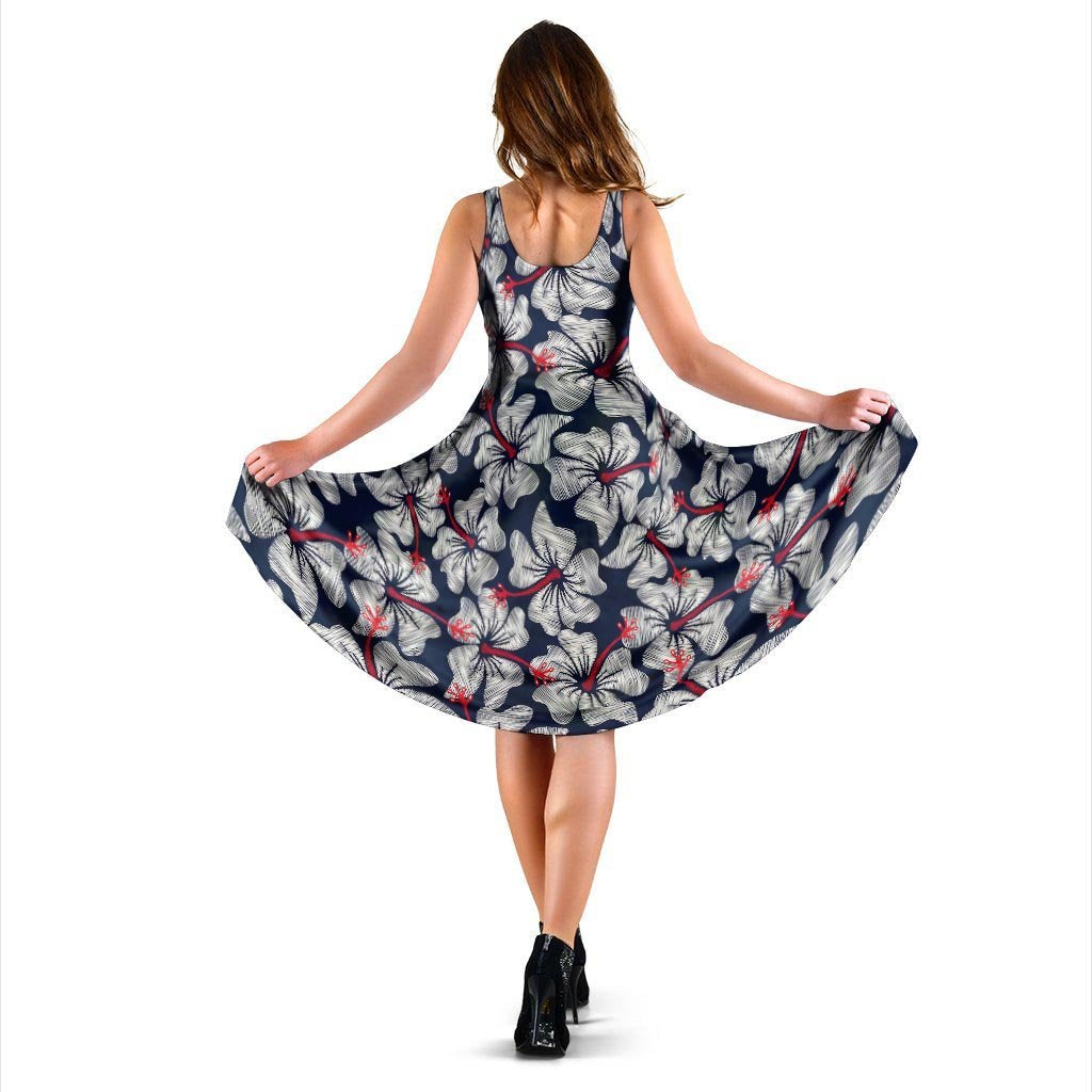 White Hibiscus Tropical Floral Hawaiian Print Dress-grizzshop