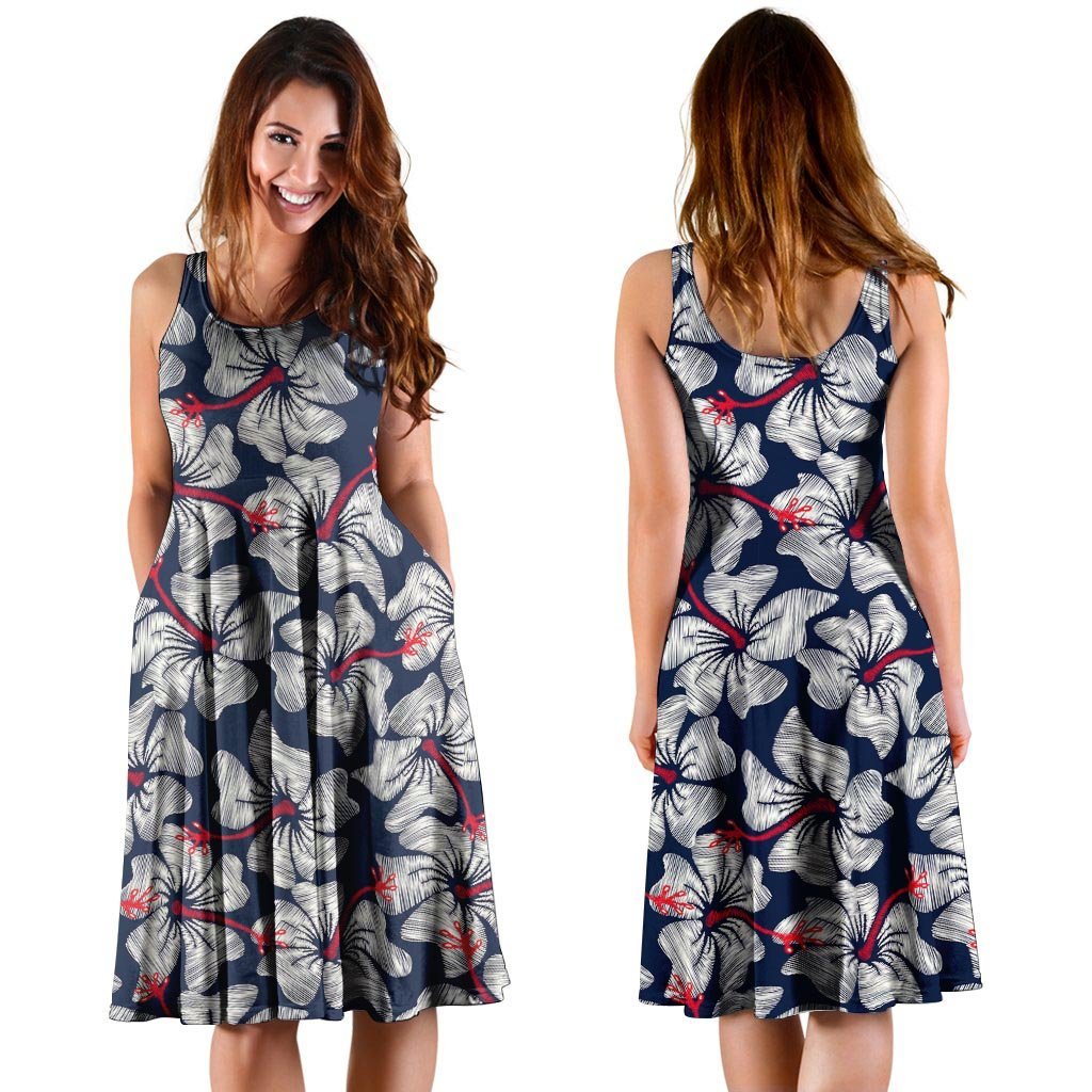 White Hibiscus Tropical Floral Hawaiian Print Dress-grizzshop